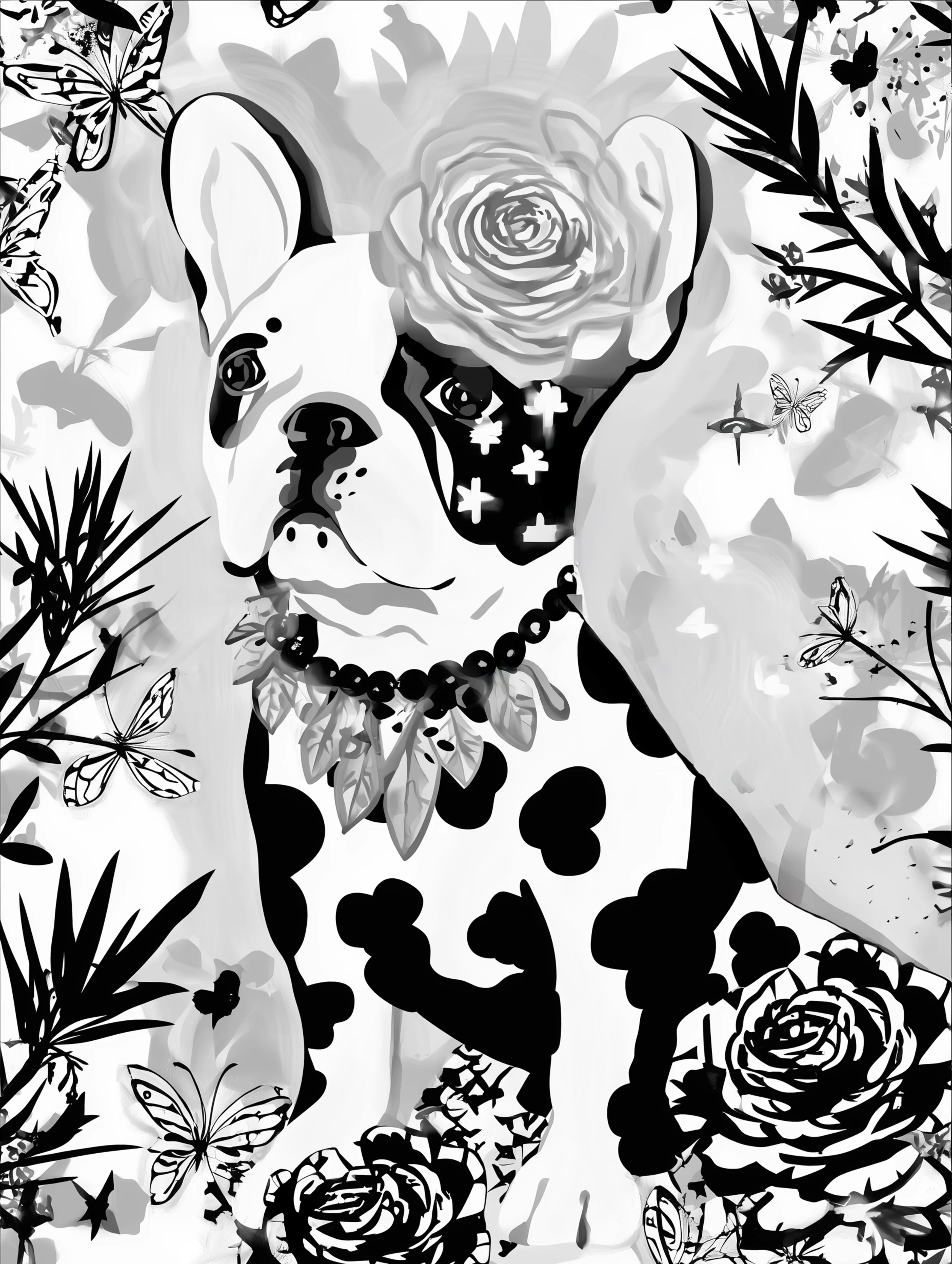 Free printable french bulldog coloring page featuring a white and black spots frenchie